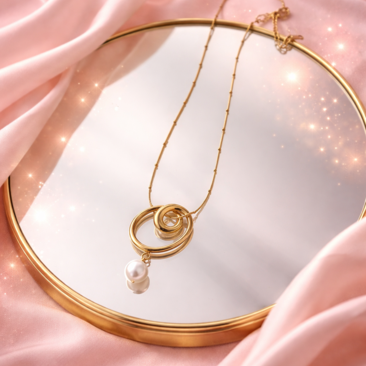 Interlocking Gold Rings Pearl Drop Necklace