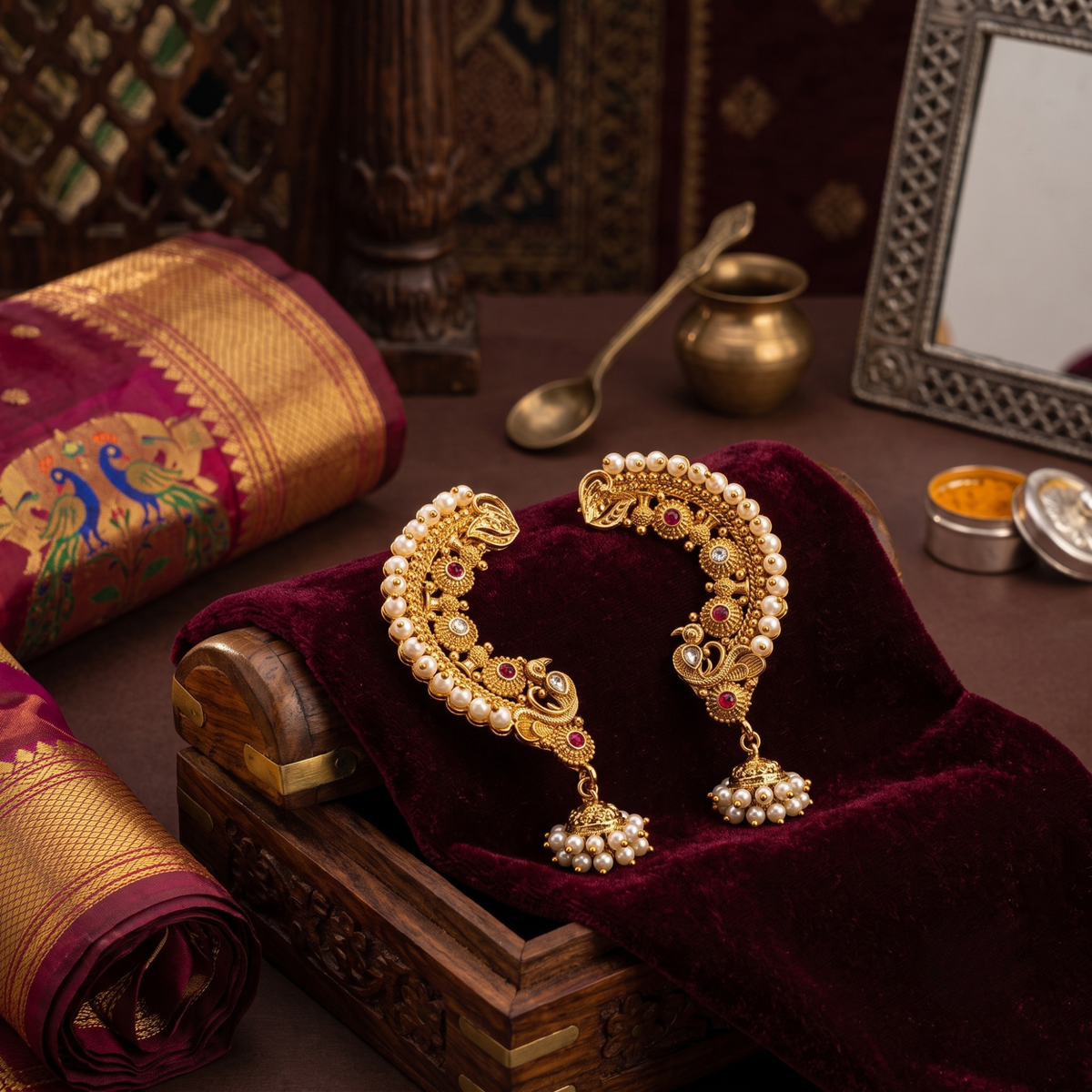 Regal Pearl Peacock Jhumka with Pearl Chain